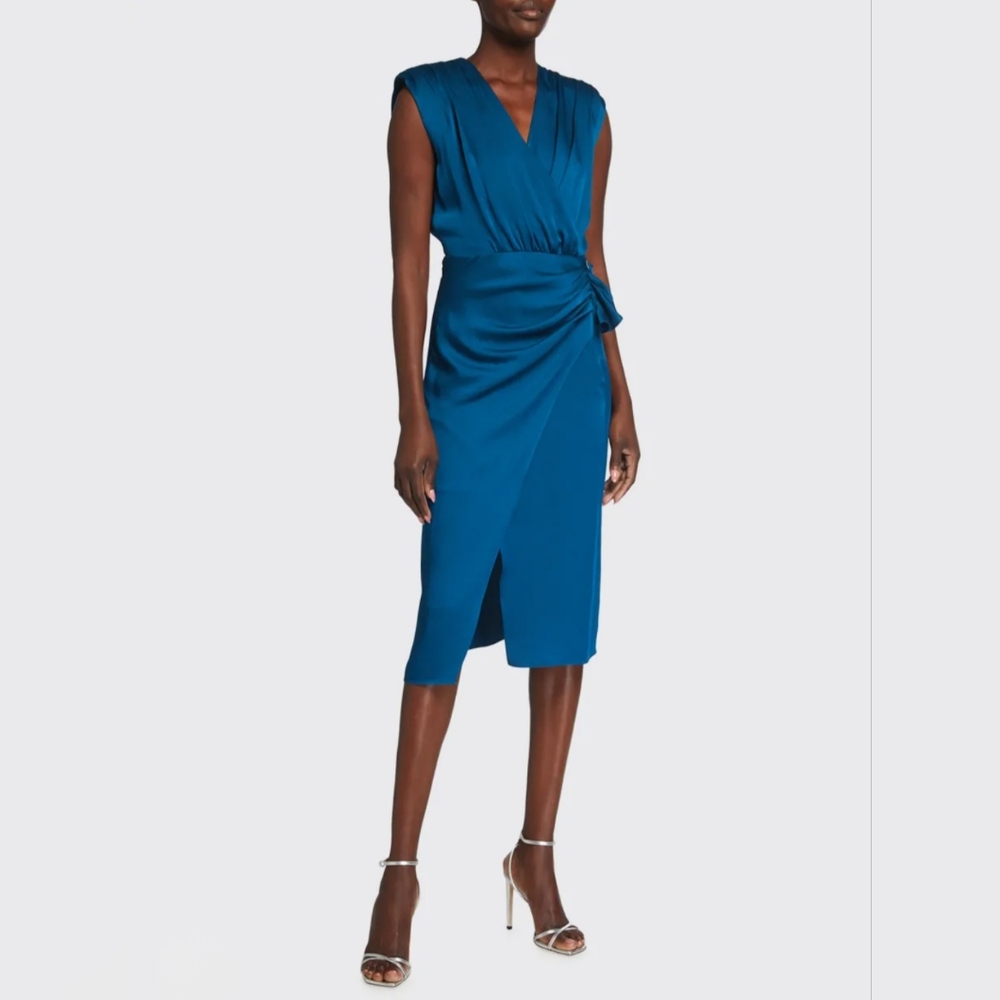 Veronica Beard Clarissa Midi Satin Faux Wrap Dress Cerulean Blue V Neck Size 00